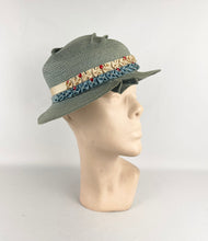 Load image into Gallery viewer, Original 1930&#39;s Blue Green Straw Hat with Grosgrain and Glass Bead Trim
