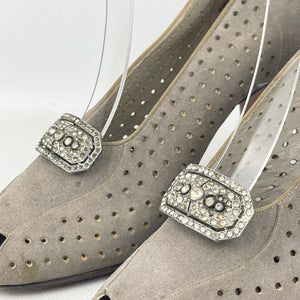Original 1940's Grey Suede Peep-toe Shoes with Paste Clips and Punch Detail - UK 4