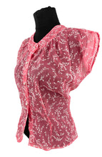 Load image into Gallery viewer, Original 1950&#39;s Pink Nylon Blouse with Floral Flock Print and Faux Pearl Glass Buttons - Bust 36 38
