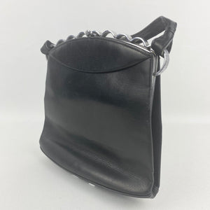 Original 1930s Black Leather Bag with White Metal Scalloped Trim
