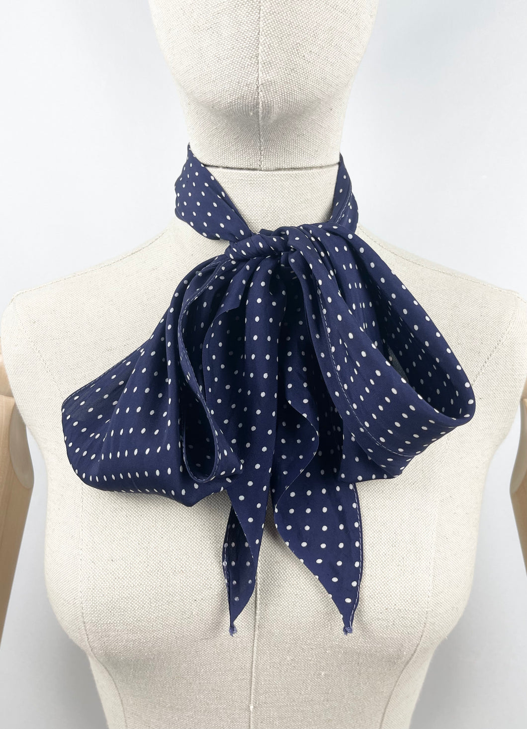 Original 1930's Dark Blue Dagger Point Scarf with Fine Polka Dot Detail - Great Christmas Gift