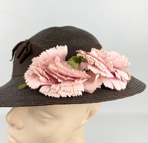 Original 1930s Chocolate Brown Straw Hat with Soft Pink Carnation Trim