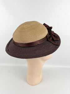Original 1930's Two Tone Straw Hat with Brown Satin Ribbon Trim *