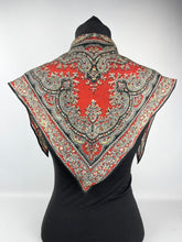 Load image into Gallery viewer, Original 1930&#39;s Triangular Crepe Scarf in Black and Red Paisley Print - Vintage Neckerchief
