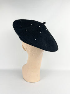 Original 1950s Inky Black Machine Knitted Beret with Paste Decoration