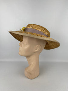 Original 1930's Wide Brimmed Natural Straw Hat with Cluster of Fabric Flowers