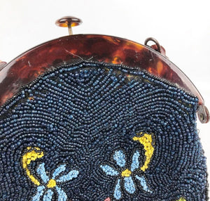 Original 1930s Beaded Bag with Floral Detail and Celluloid Frame *