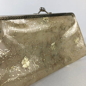 1950s Gold Vinyl Clutch With Metallic Gold Lucky Four Leaf Clover Design