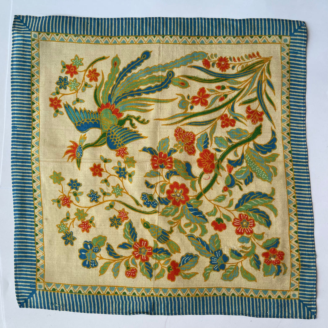 Original 1920's Pongee Silk Hankie with Floral Print and Bold Bird Design - Great Gift Idea