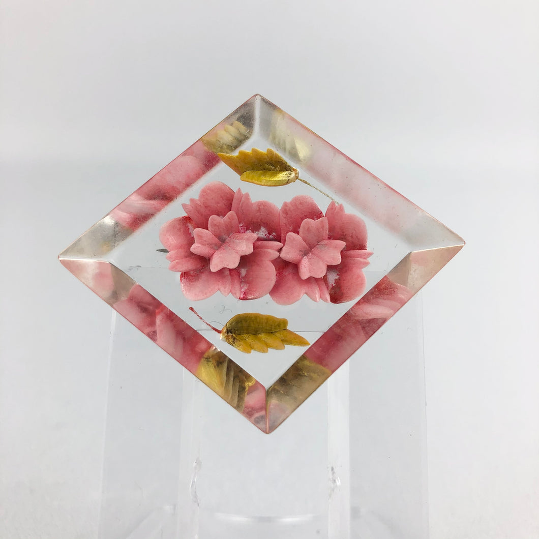 Original 1940s 1950s Reverse Carved Diamond Shaped Lucite Brooch with Vibrant Pink Flowers *