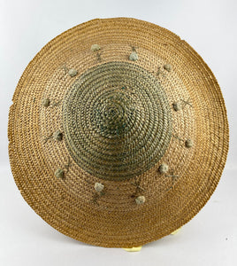 Original 1940s 1950s Tri Colour Conical Straw Hat with Ribbon Tie and Bobble Trim