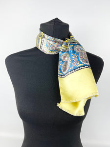 Original 1930's Yellow, Green and Blue Paisley Stripe Satin Scarf or Headscarf