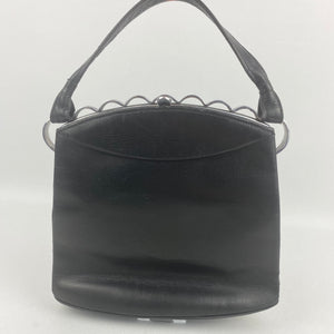 Original 1930s Black Leather Bag with White Metal Scalloped Trim