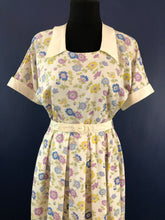 Load image into Gallery viewer, 1940s Belted White Cotton Dress with Pretty Floral Print and Contrast Collar and Cuffs - Bust 36 38
