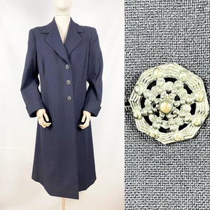 Original 1940s Blue Wool Coat with Fabulous Spiderweb Buttons - Bust 36 37 38