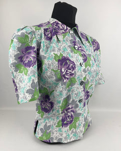 1940's Reproduction Floral Print Blouse with Large Purple Roses and Grey Buttons Made From an Original 1940's Feed Sack - Bust 34"