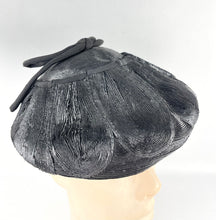 Load image into Gallery viewer, Original 1950&#39;s Shiny Black Straw Petal Hat with Grosgrain Bow Trim *
