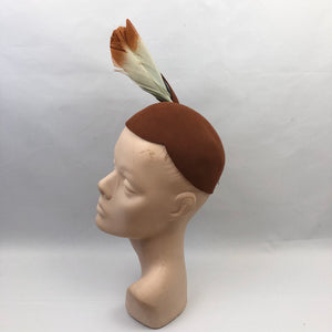 1930s Chestnut Felt Hat with Matching Hat Pins and Huge Double Feather Trim