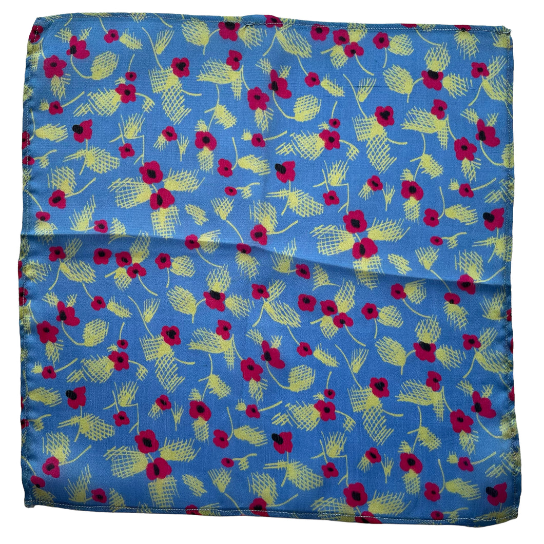 Original 1940's or 1950's Blue Silk Hankie with Pretty Poppy Print - Great Gift Idea