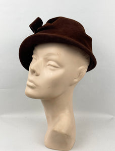 Charming 1950s Warm Brown Felt Hat with Bow and Paste Trim Detail
