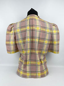 1940s Reproduction Blouse in Green, Yellow and Brown Check - B34 35 36