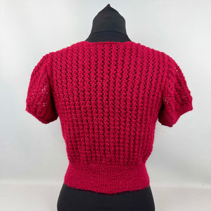 1930's Reproduction Hand Knitted Lace Jumper in Holly Berry Red Alpaca and Ecru Mohair - Bust 34 36
