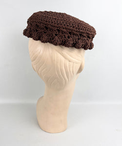 Original 1950’s Rich Chocolate Brown Crochet Topper Hat - Classic Vintage Hat