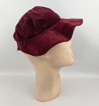 Load image into Gallery viewer, Original 1930’s Burgundy Cotton Velvet Hat - Neat Little Bonnet Shape
