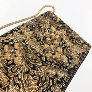 Vintage Black Velvet Evening Bag with Metallic Gold Embroidery