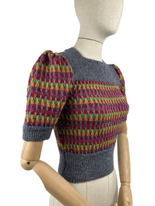 Reproduction 1940’s Hand Knitted Striped Jumper in Grey, Mustard, Purple, Green and Red - Bust 32 34 36