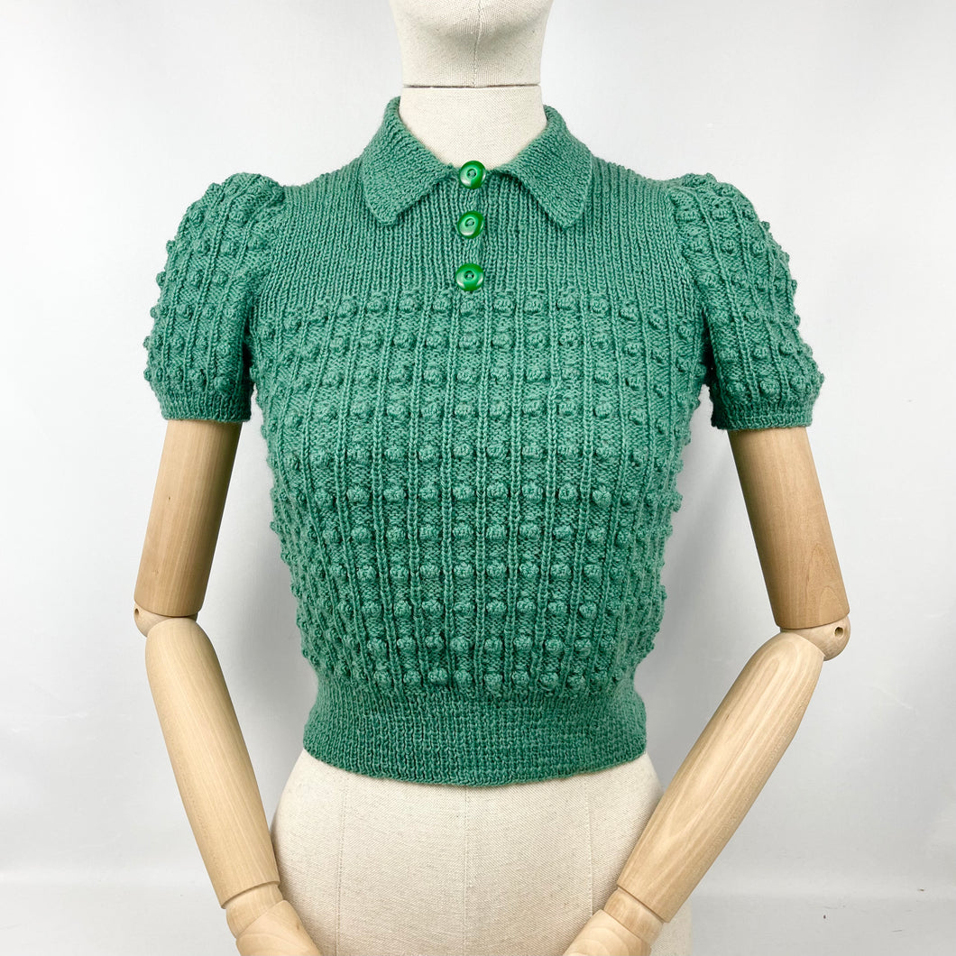 1930's Reproduction Bobble Knit with a Neat Collar in Ivy Green - Bust 34 36