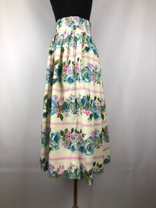 Original 1950s Yellow and Blue Cotton Skirt with Bold Roses Print - Waist 26" 27"