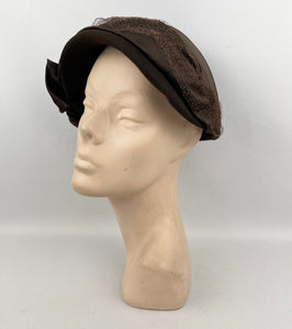 RESERVED Original 1930's Dark Brown Close Fitting Felt Hat with Feathers, Net and Ribbon Trim