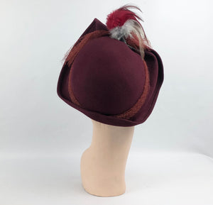 1930s Burgundy Felt Hat with Grey and Burgundy Feather Trim