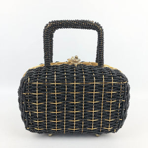 1960s Hong Kong Made Black Beaded Bag with Gold Coloured Frame