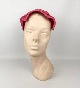 Original 1950's Vibrant Pink Straw Hat with Back Bow - Classic Shape *