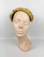 Load image into Gallery viewer, Original 1950’s Half Hat in Ochre Yellow Grosgrain - Pretty Net and Flower Trim - Perfect for Autumn

