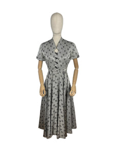 Original 1950's Silver and Black Cocktail Dress by For You By Blaines with Glass Buttons and Pockets - Bust 35