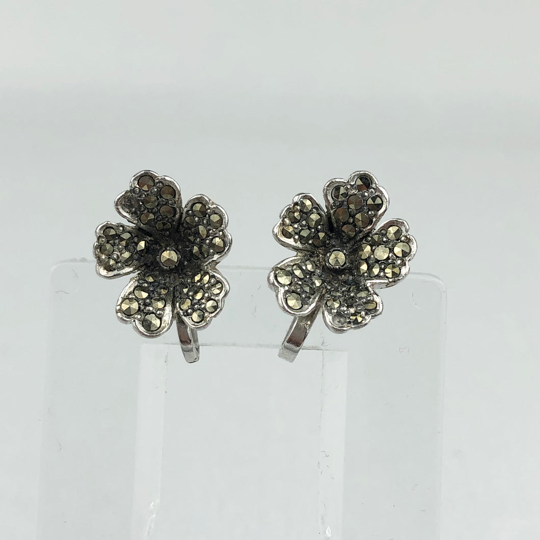 Vintage Marcasite Screw Back Flower Earrings