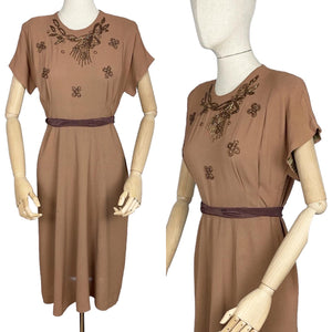 Original 1940’s Cafe Au Lait Crepe Dress with Bronze Beading - Perfect For Day or Evening Wear - Bust 36