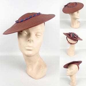 Original Late 1930's or Early 1940's Terracotta Coloured Straw Hat with Air Force Blue Bow Trim *