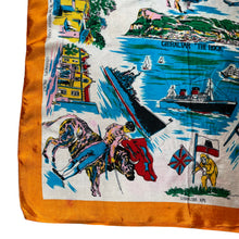 Load image into Gallery viewer, Vintage Artificial Silk Scarf with Monkeys, Planes and Boats in a Orange Border - Gibraltor Tourist Piece - Great Turban or Headscarf
