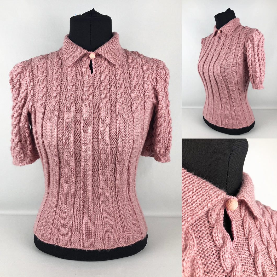 Reproduction 1940s Rib and Cable Knit Jumper in Rose Pink Acrylic - B34 35 36
