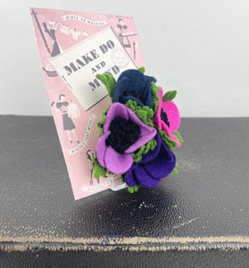 1940's Felt Flower Anemone Corsage - Pretty Wartime Posy Brooch - Pink, Lilac, Purple and Blue