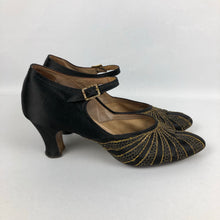 Load image into Gallery viewer, Original 1930s Black Satin Dance Shoes with Gold Trim and Paste Buckle Size 3 3.5
