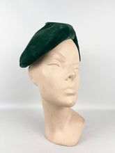 Load image into Gallery viewer, Original 1950&#39;s Rich Green Cotton Velvet Hat with Leaf Detail and Sequin Trim
