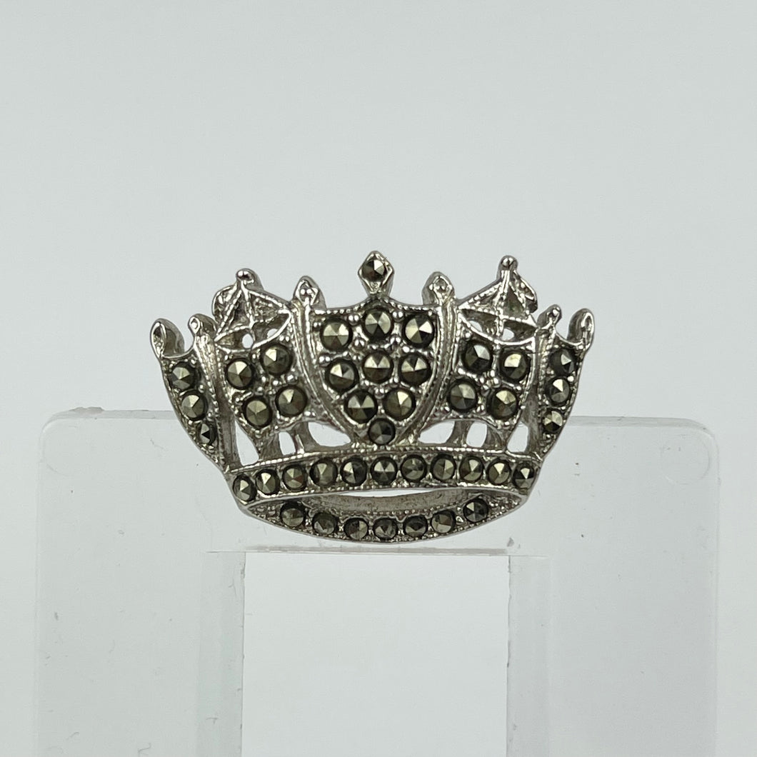 Vintage White Metal and Marcasite Decorative Crown Brooch - Adorable Piece