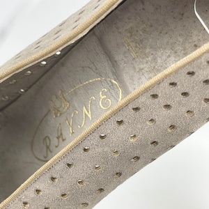 Original 1940's Grey Suede Peep-toe Shoes with Paste Clips and Punch Detail - UK 4