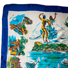 Load image into Gallery viewer, Vintage Artificial Silk Scarf with Monkeys, Planes and Boats in a Blue Border - Gibraltor Tourist Piece - Great Turban or Headscarf
