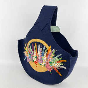 Original 1930's 1940's Dark Blue Felt Handbag with Basket of Flowers Applique
